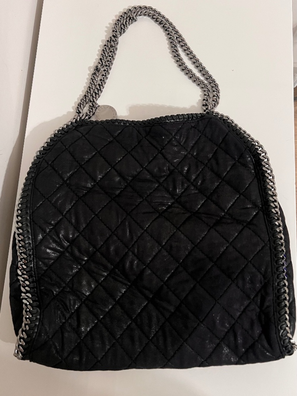 Stella McCartney Black Quilted Flabella Bag with Silver Chain.